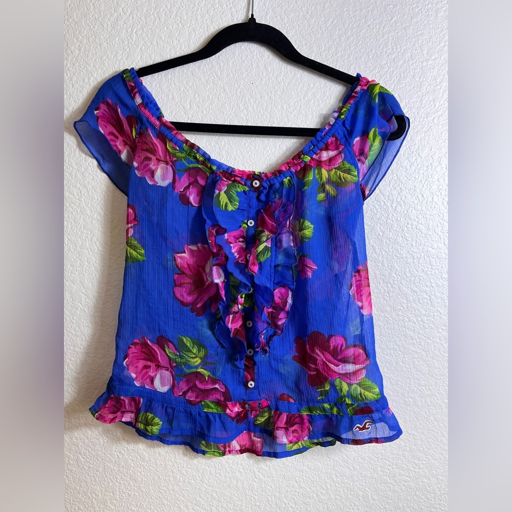 Hollister Floral Sheer Ruffled Top sz Small